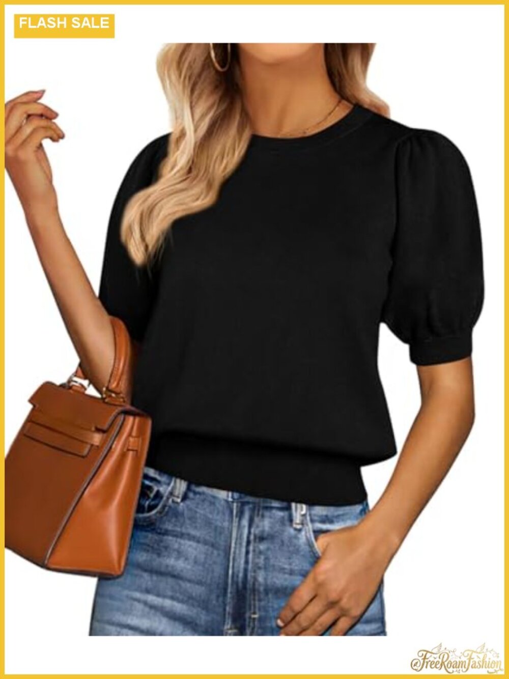 Puff Short Sleeve Knit Sweater Crewneck Pullover Loose Fit